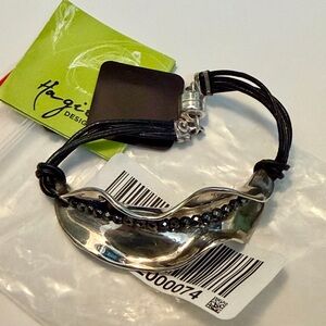 Hagit Gorali Silver 925 with Crystal Accents & Black Leather Band Bracelet NWT